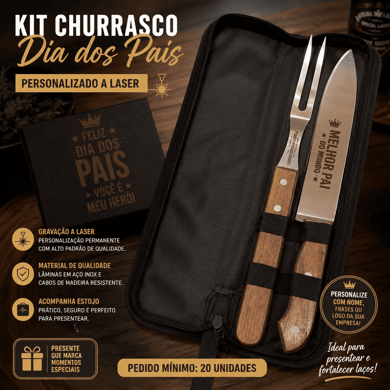 Kit Churrasco Personalizado a Laser – 2 Peças com Estojo
